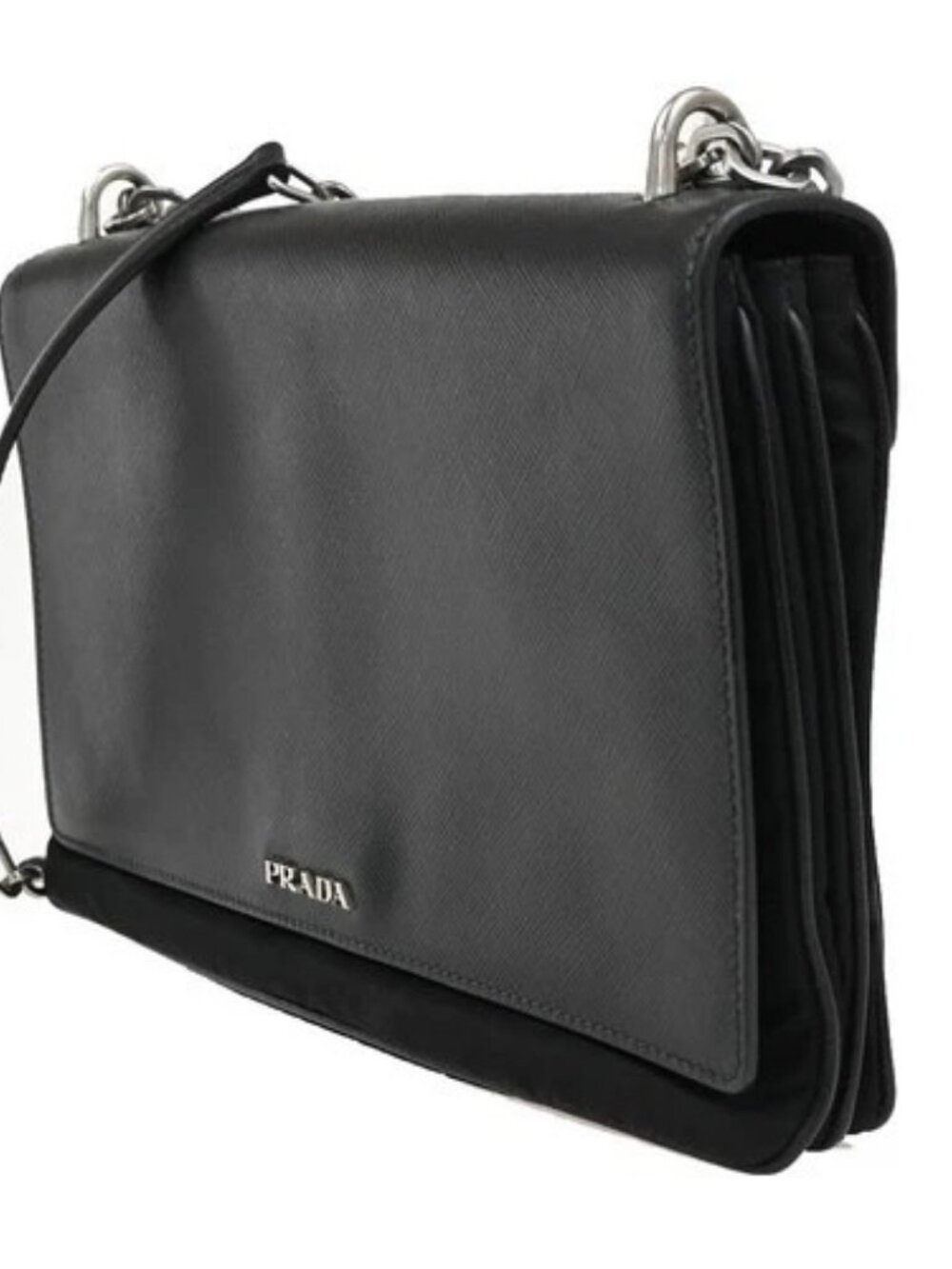 PRADA Saffiano Diagonal Chain Shoulder Bag Nylon Leather Black SHW 10ZA204 - Picture 2 of 15